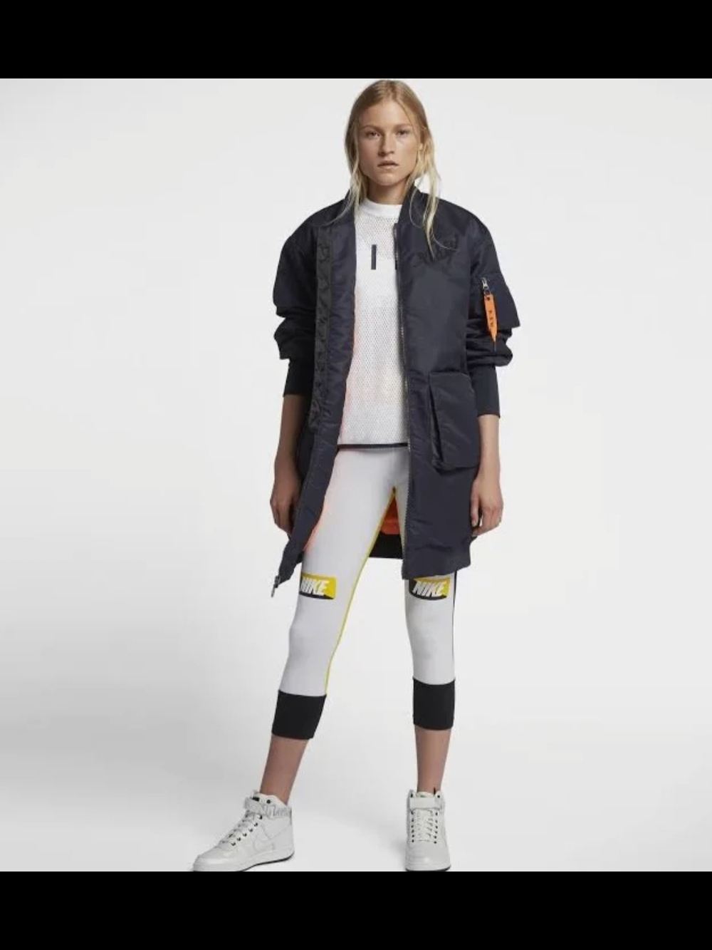 Nike NSW Women’s Navy Long Bomber Jacket with Orange Pull Tab